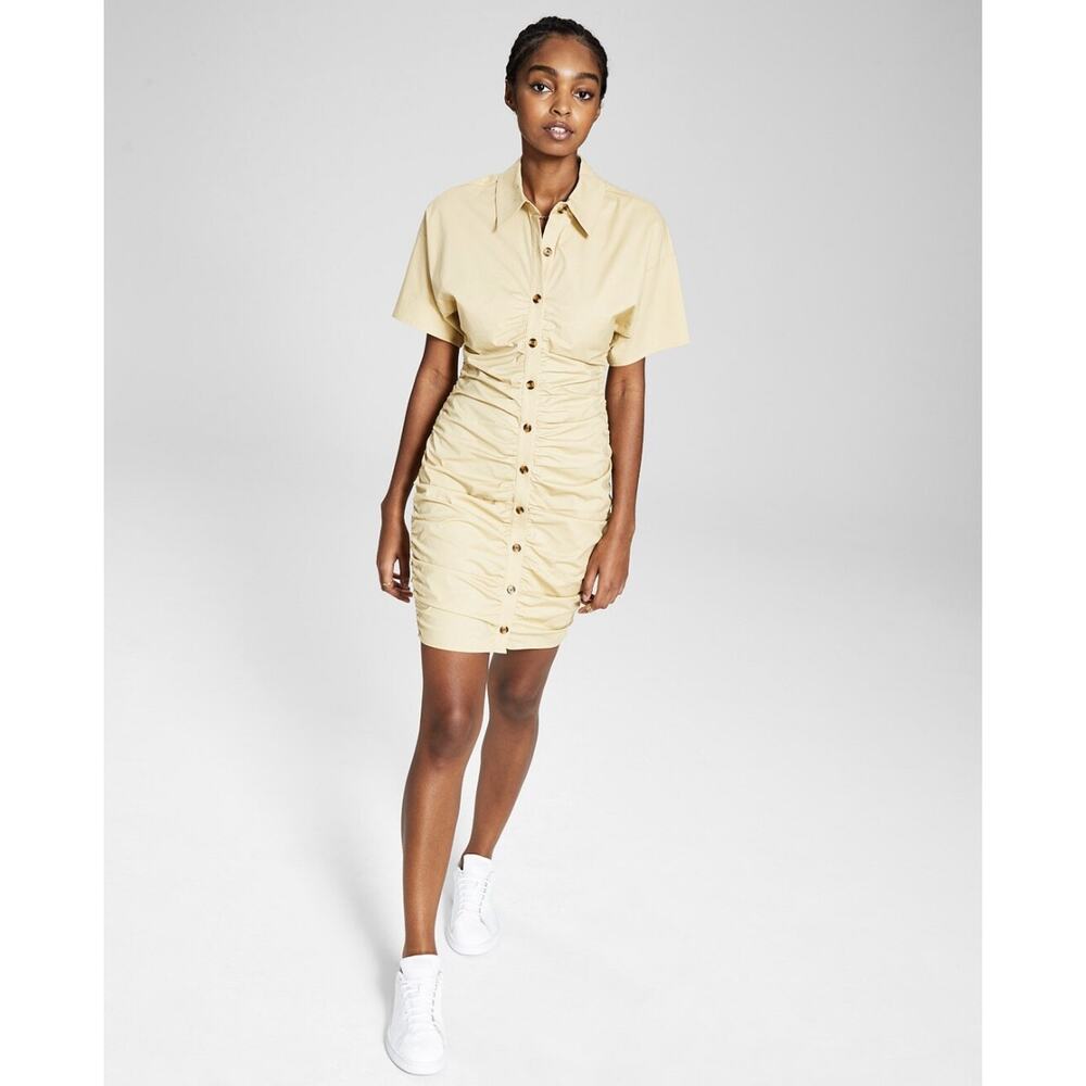 And Now This Women's Short Sleeve Button-Front Dress Camel Brown Size L